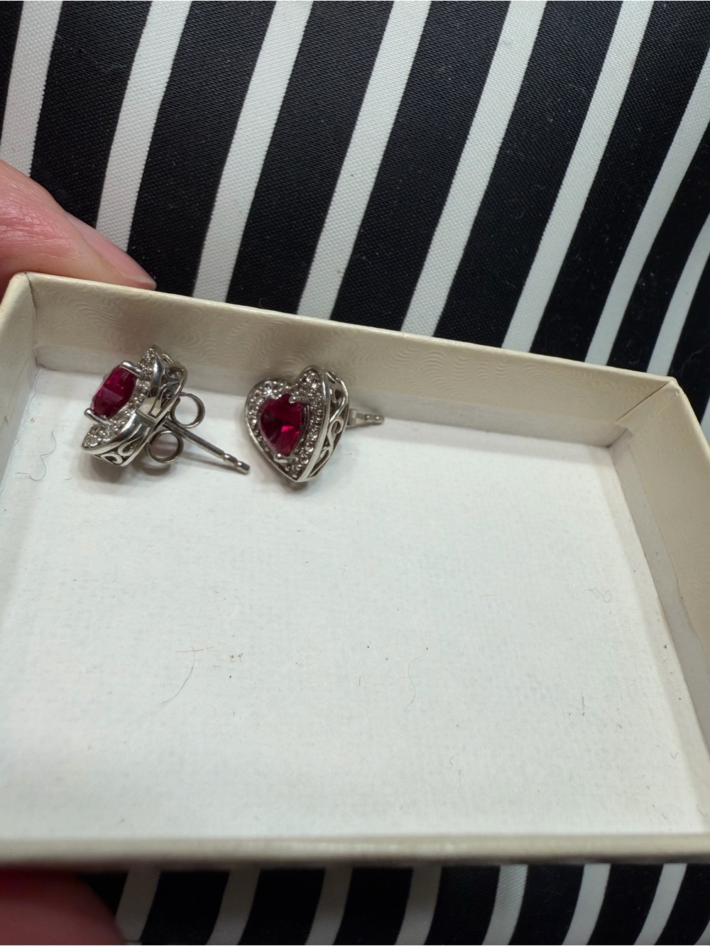 Sterling Silver Heart Stud Earrings with Red Gemstones